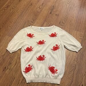 Pepaloves cream embroidered crab knit short sleeve top blouse size XS
